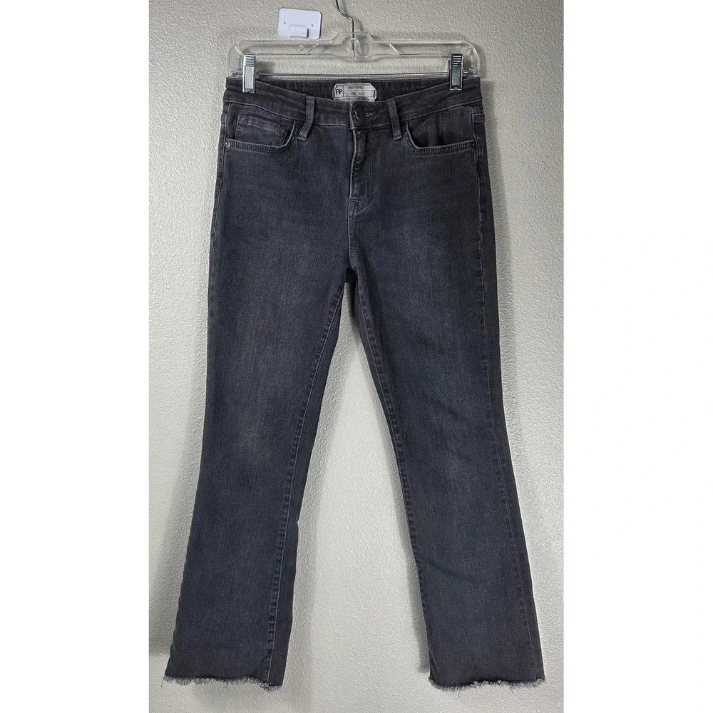 Free People Charcoal Gray Cropped Kick Flare Jeans 27 Raw Hem Stretch